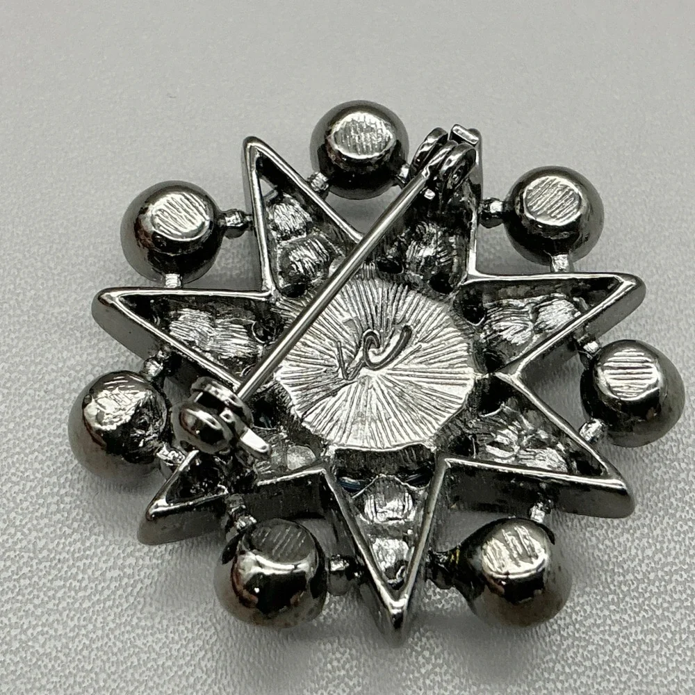 Liz Claiborne Brooch Womens Blue Starburst Rhinestone Gunmetal Fashion Jewelry